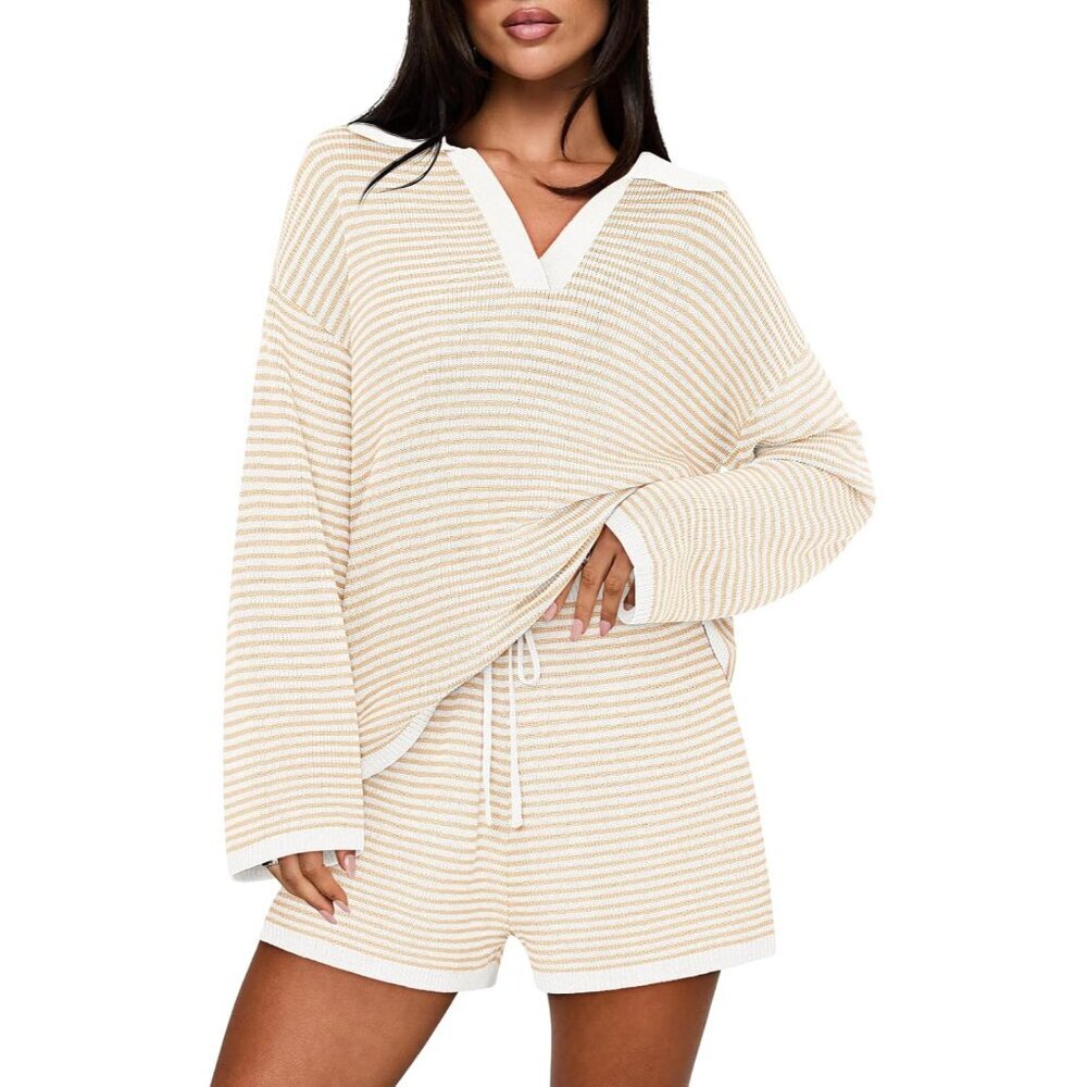 Women Lounge Sweater Set 2 Piece Knit Long Sleeve Shorts Casual Wear